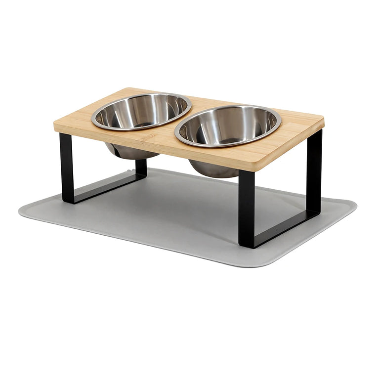 15° Tilted Raised Cat Bowls with Wooden Stand and 3 Steel Dishes
