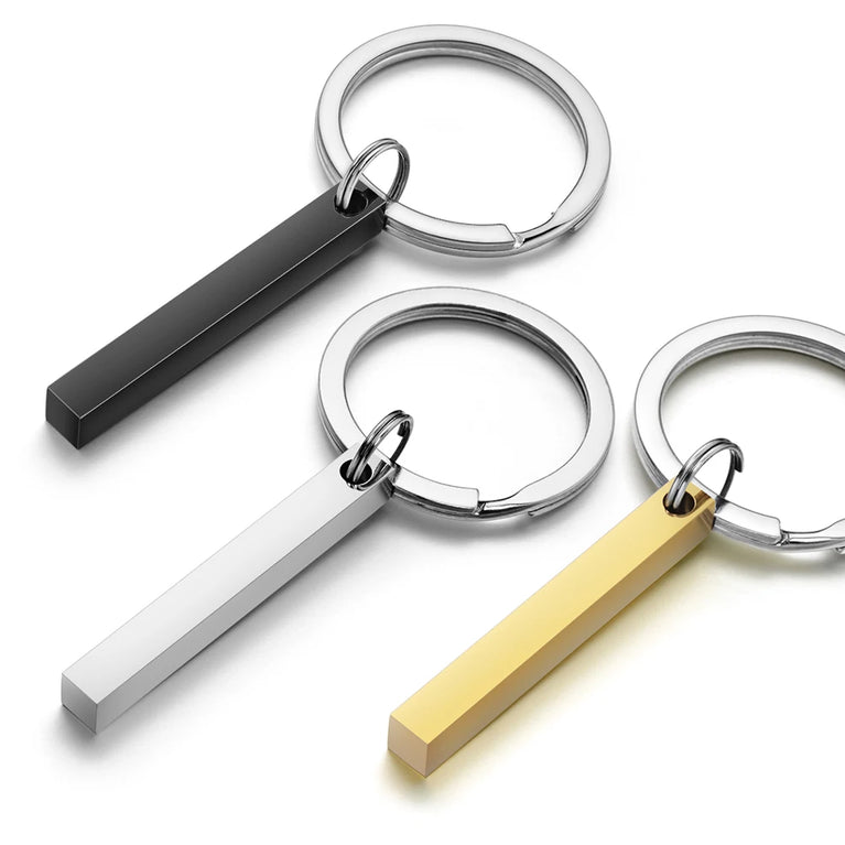 3D Bar Stainless Steel Personalized Keychain | Custom Engraved 4-Side Keyring