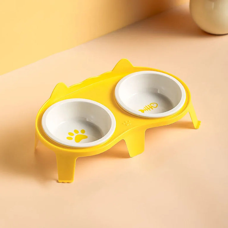 Ceramic Cat Bowl Double Bowl Elevated Slanted Pet Feeding Water Dish Rounded Design