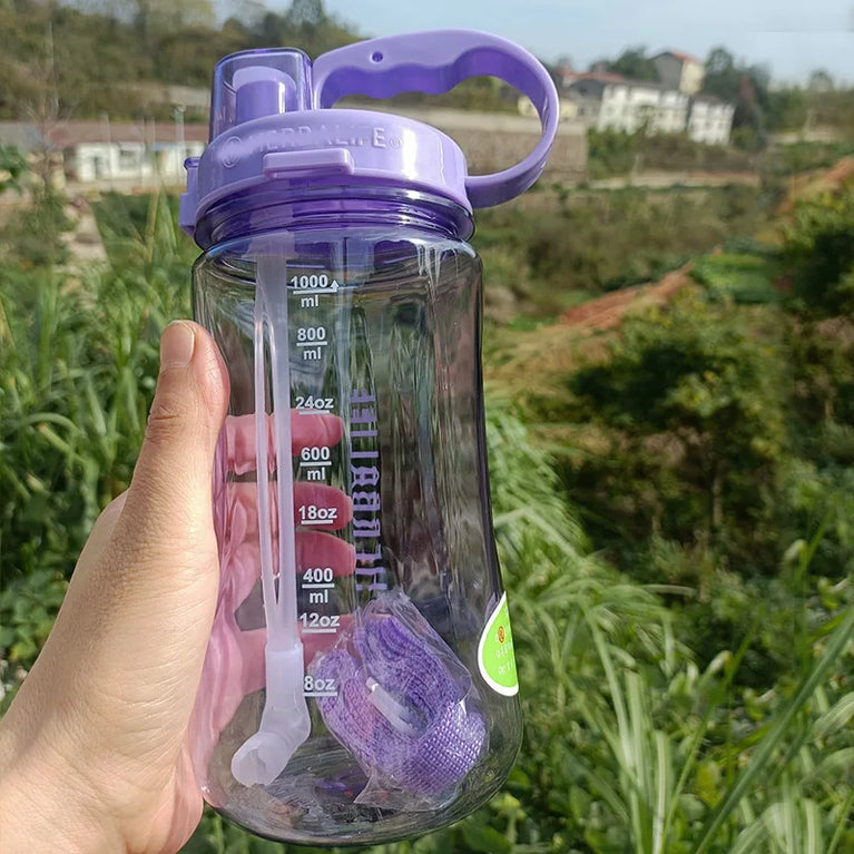 1000ml Transparent Straw Strap Bounce Button Sports Water Bottle 1L Leakproof Handgrip Gym Hydration Bottle