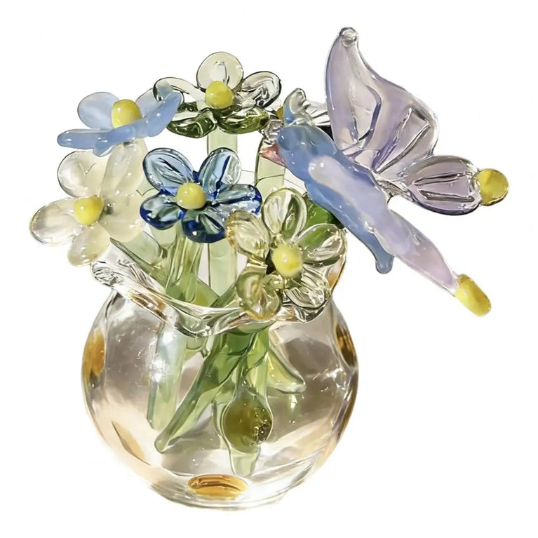 Miniature Hand-Blown Glass Flower Figurine | Exquisite Crystal Bouquet Decor