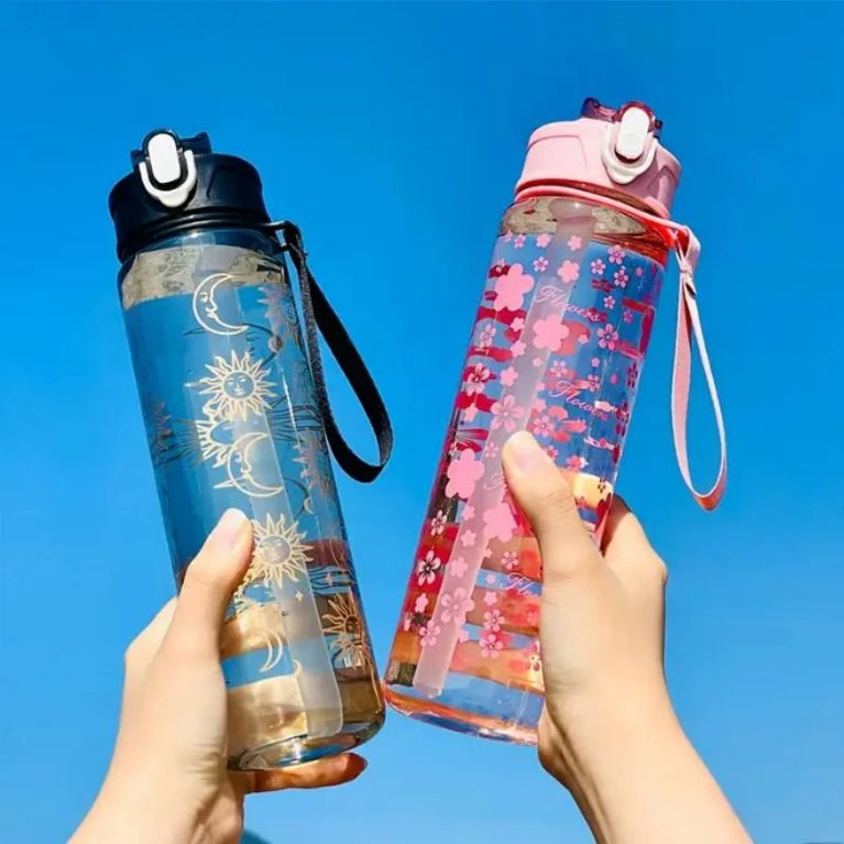 800ML Trendy Printed Space Straw Water Bottle with Portable Strap