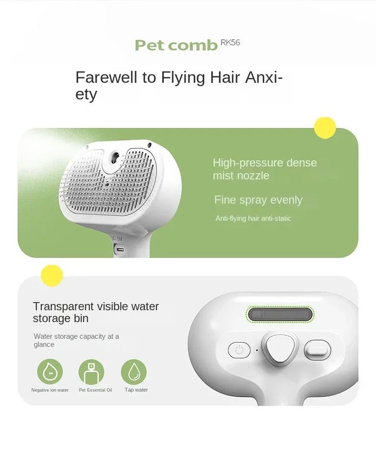 3-in-1 Electric Cat Hair Brush Steam Spray Grooming Comb Tool