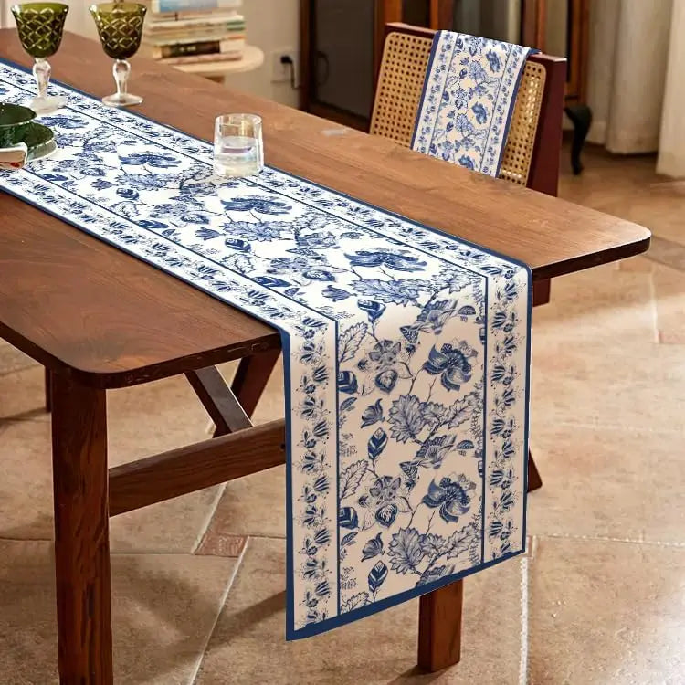 Summer Blue Floral Linen Table Runner | Reusable Farmhouse Dining Decor