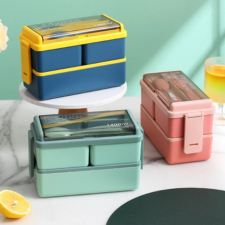 Double Layer Portable Lunch Box with Spoon & Fork Leakproof Microwave Container