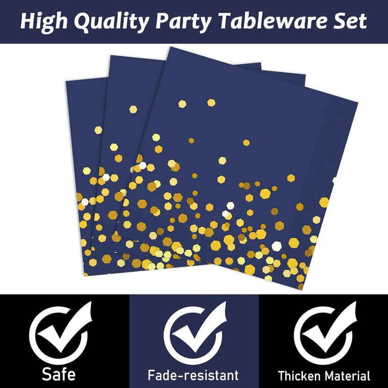 Navy Blue Gold Disposable Tableware Set for Wedding Party Use