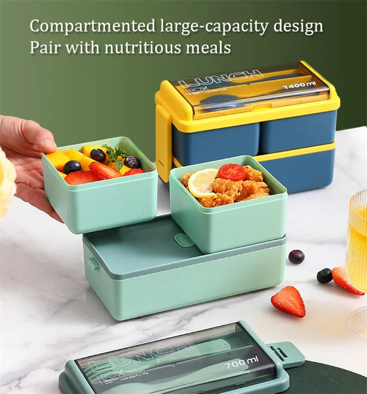 Double Layer Portable Lunch Box with Spoon & Fork Leakproof Microwave Container