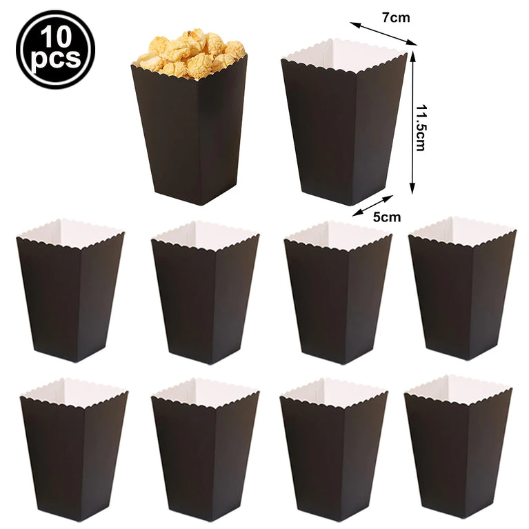 10Pcs Solid Color Popcorn Boxes Paper Food Trays Gift Bags With Handles Party Supplies Set