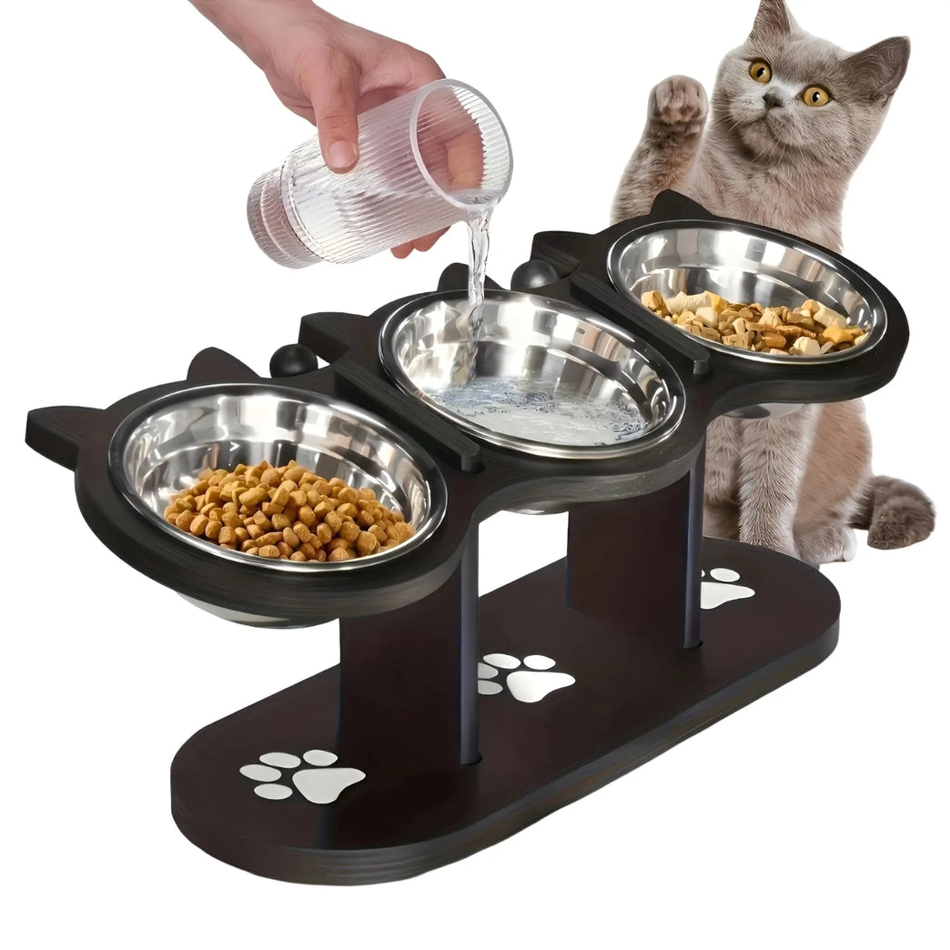 Adjustable 15° Elevated Cat Feeding Bowl with Wooden Support Stand