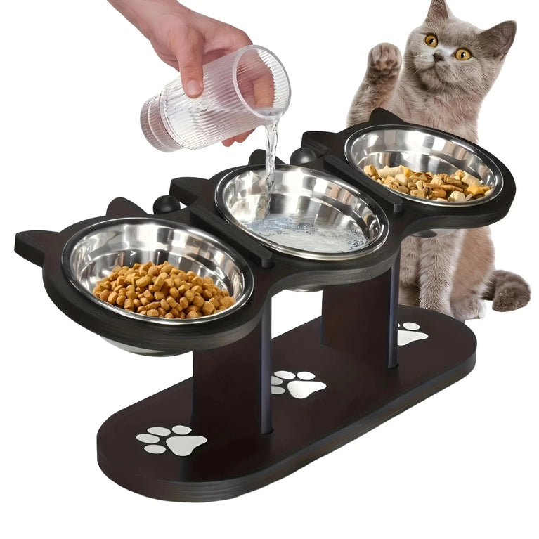 Adjustable 15° Elevated Cat Feeding Bowl with Wooden Support Stand