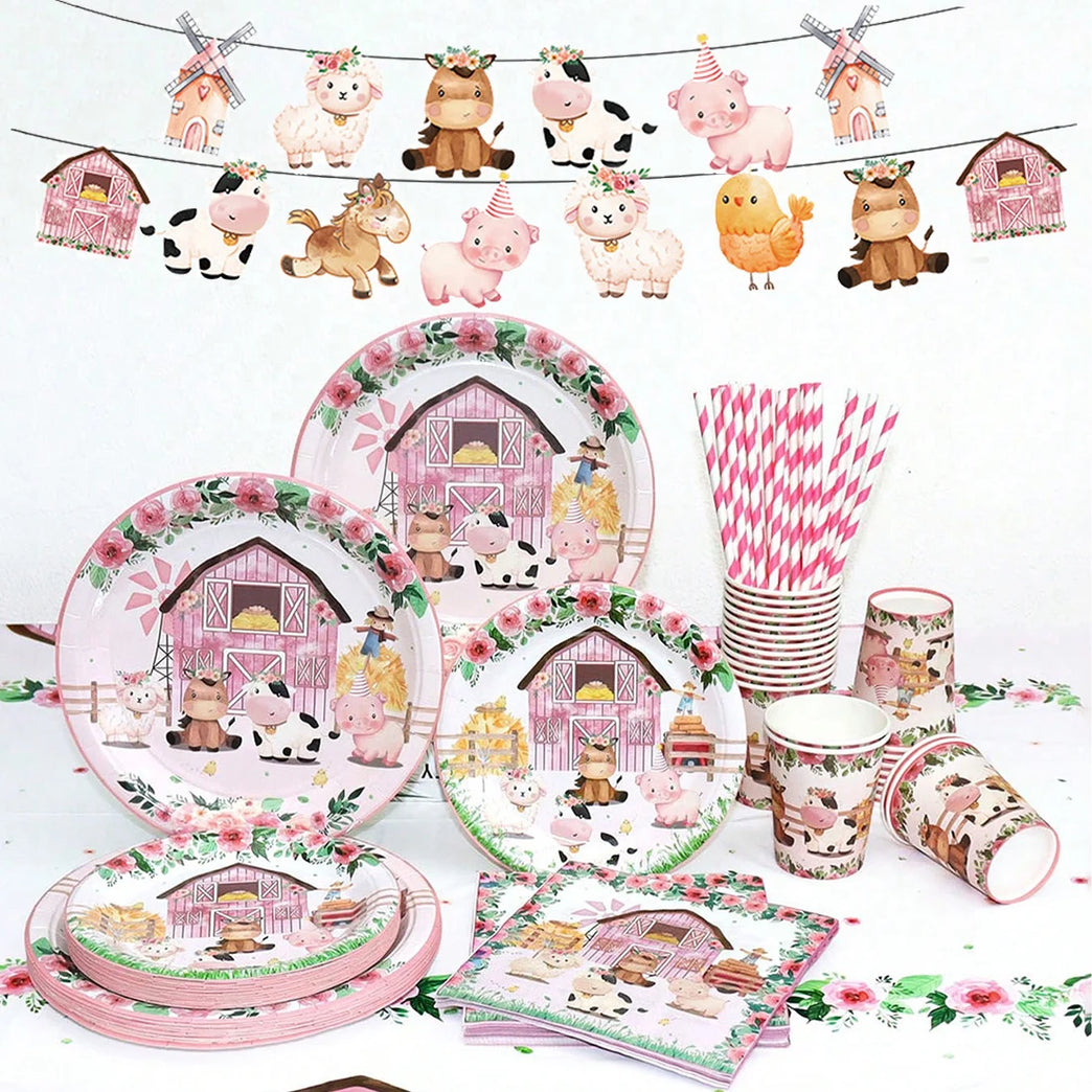 Pink Farm Animals Birthday Disposable Tableware Set-Baby Shower Decor
