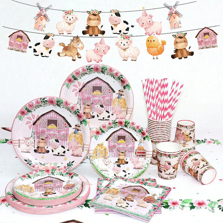 Pink Farm Animals Birthday Disposable Tableware Set-Baby Shower Decor