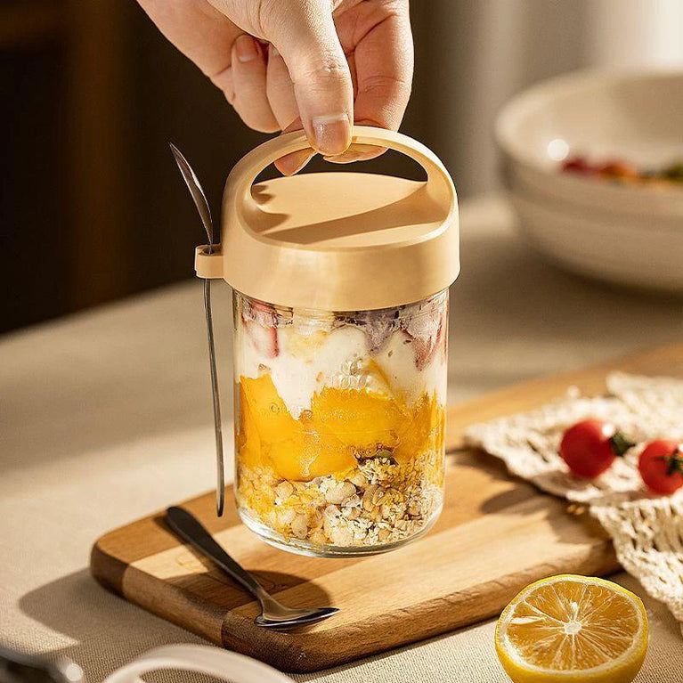 Glass Yogurt Breakfast Cup With Lid Spoon Overnight Oats Container Jar