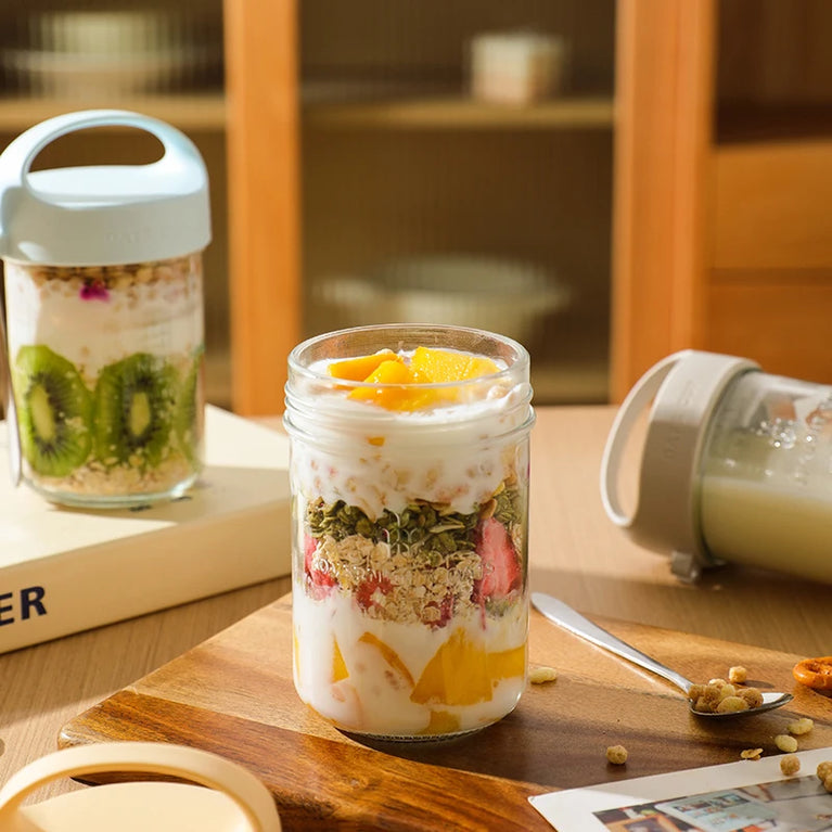 Glass Yogurt Breakfast Cup With Lid Spoon Overnight Oats Container Jar
