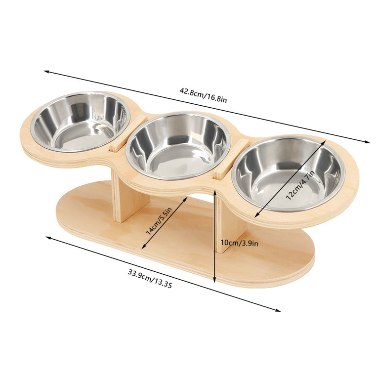 15° Tilted Raised Cat Bowl Set with 3 Stainless Steel Bowls Feeder