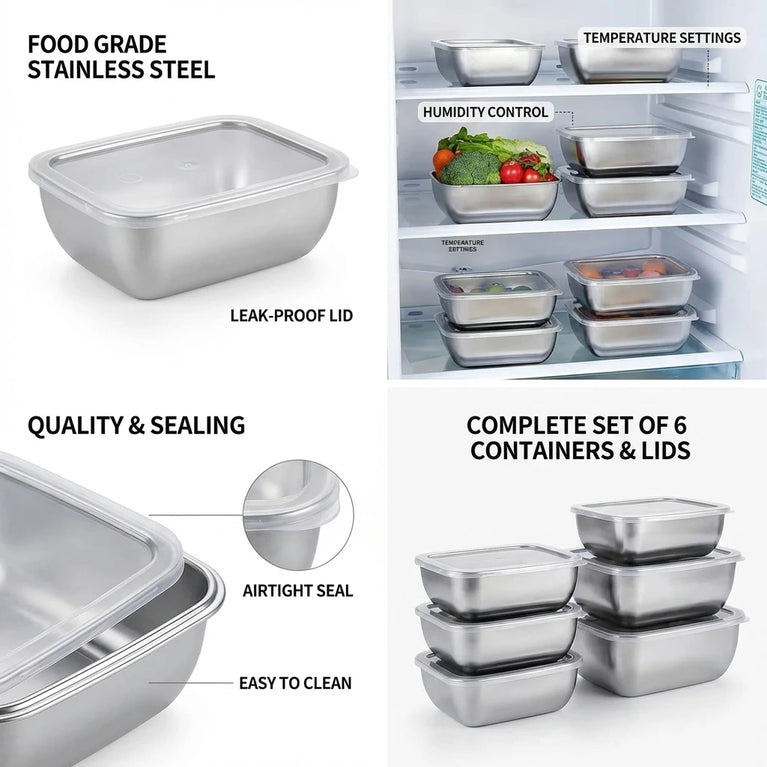5PCS Stainless Steel Food Storage Containers Stackable Meal Prep Set