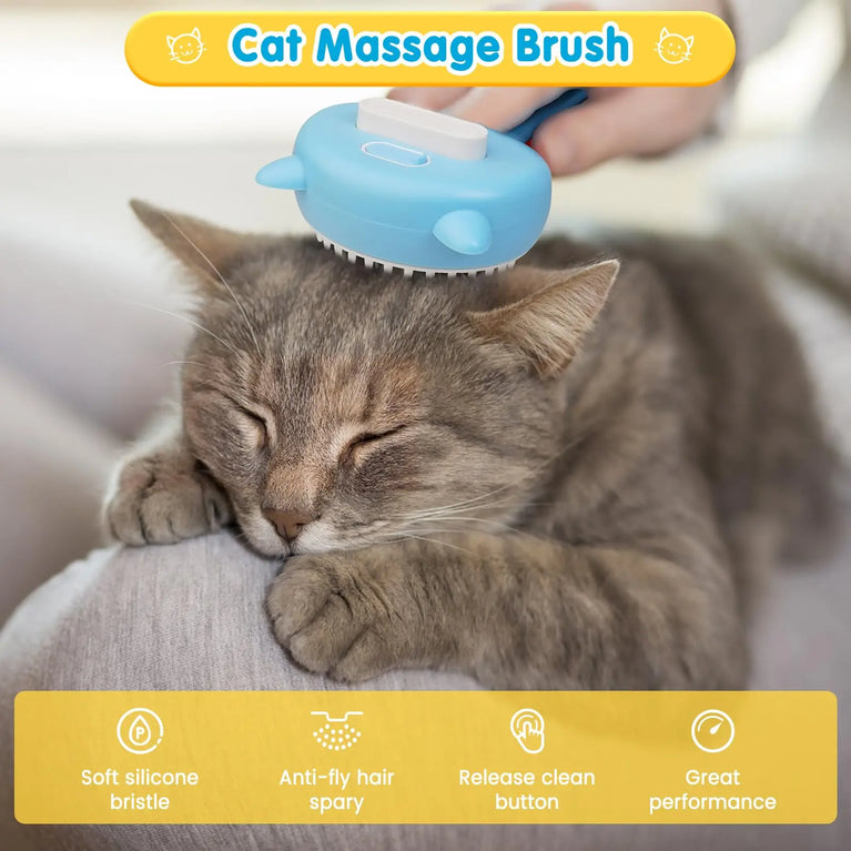 3-in-1 Cat Steam Brush Silicone Grooming Shedding Tool with Spray Function