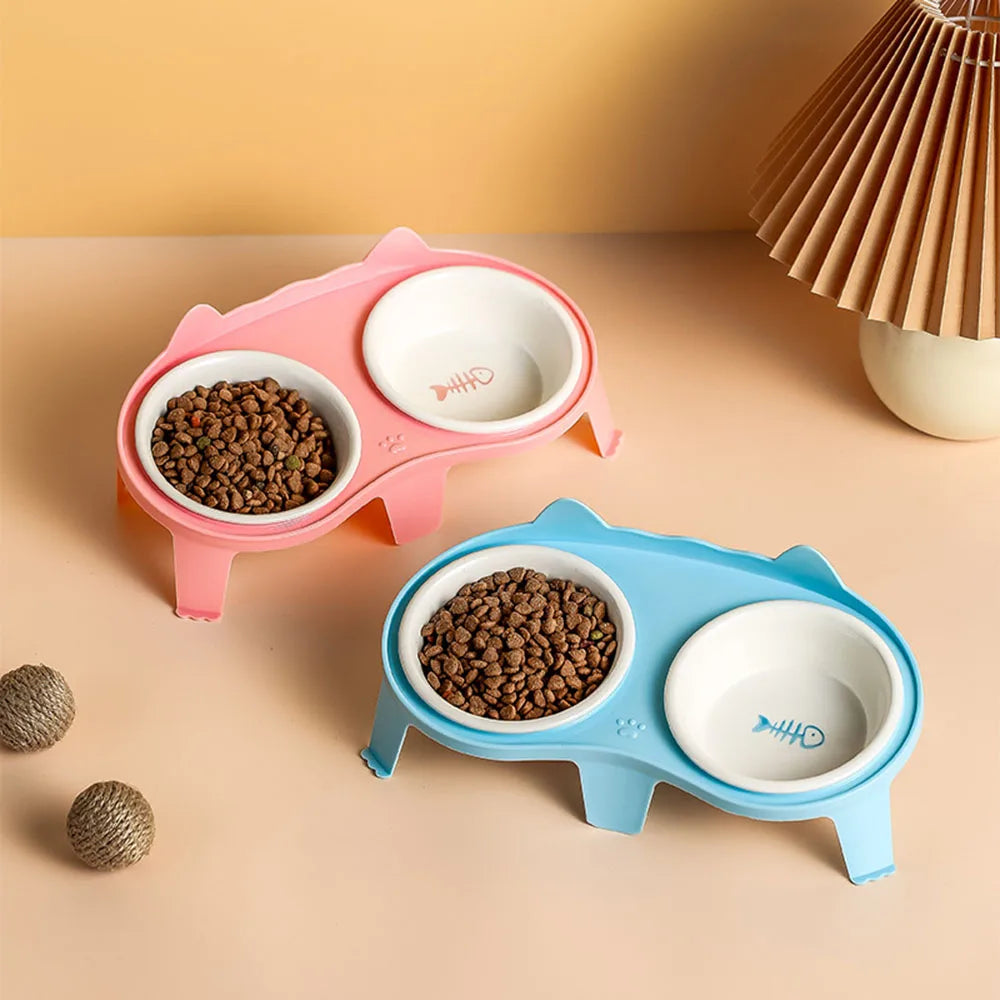 Ceramic Cat Bowl Double Bowl Elevated Slanted Pet Feeding Water Dish Rounded Design