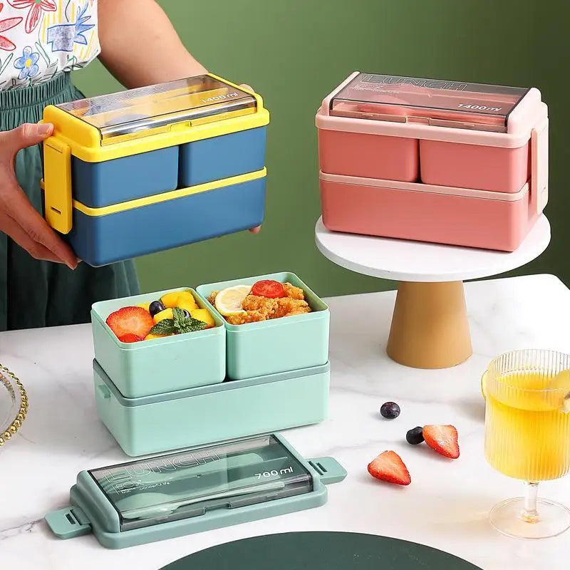 Double Layer Portable Lunch Box with Spoon & Fork Leakproof Microwave Container