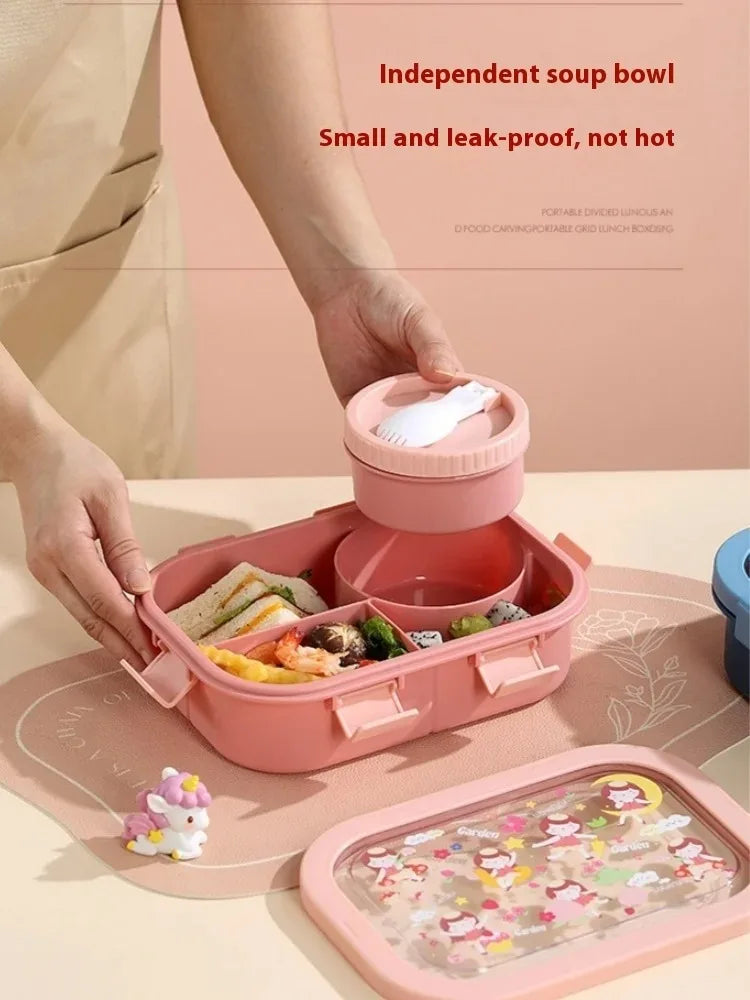 1000/1350ml Cartoon Lunch Box Leakproof Bento Container with Soup Bowl Portable Food Storage Box