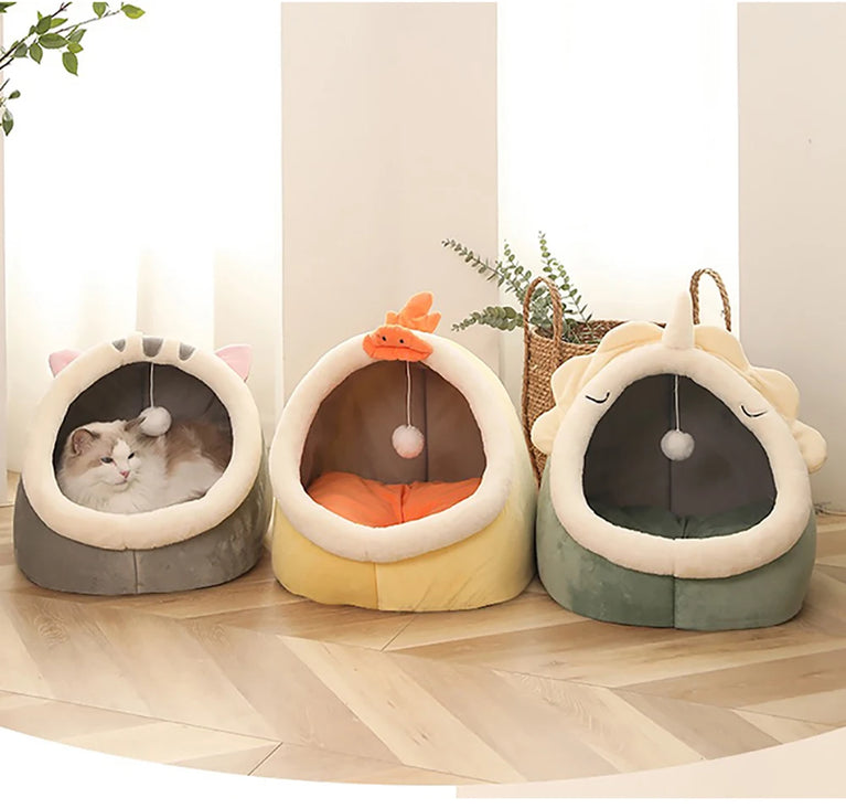 Cute Semi-Closed Cotton Cat Tent Bed with Detachable Cushion