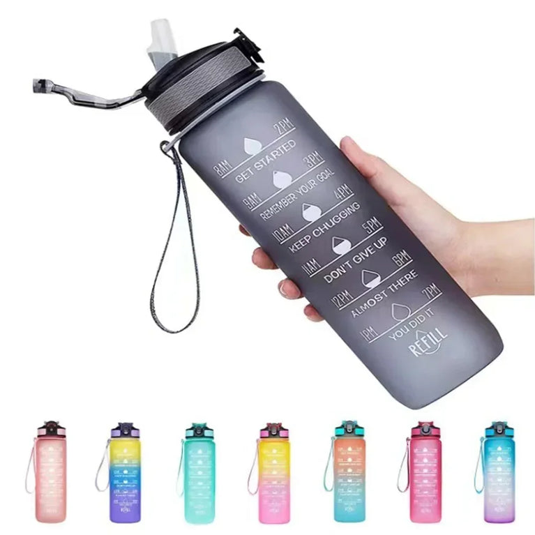 1L Motivational Gradient Sports Waterbottle Straw Leakproof Gym Bottle