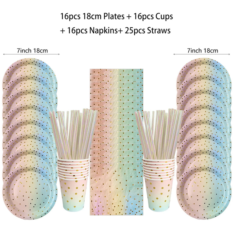 Rainbow Birthday Disposable Tableware Gold Dot Party Set Plates Cups Napkins