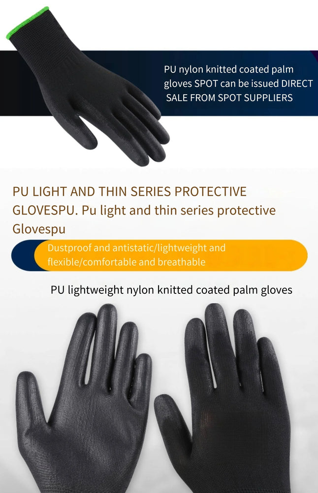 10 Pairs PU Safety Work Gloves Anti Slip Wear Resistant Gardening Woodworking Gloves PU200B