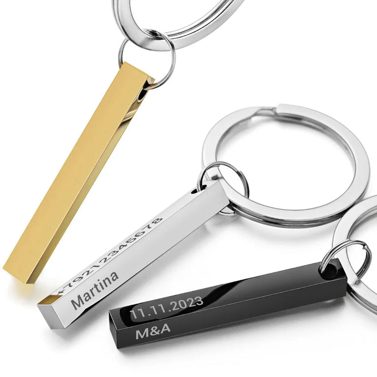 3D Bar Stainless Steel Personalized Keychain | Custom Engraved 4-Side Keyring