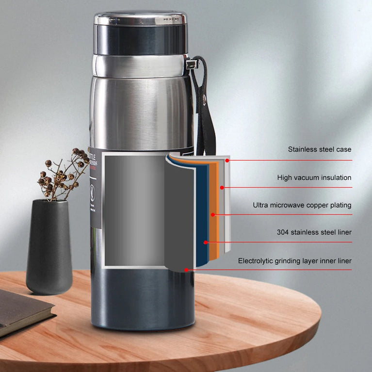 1L Stainless Steel Vacuum Thermal Water Bottle with Handle & Brush Set
