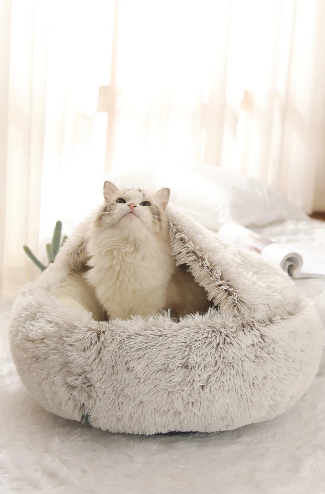 Soft Plush Round Pet Bed Cave 2in1 Warm Cat Dog Sleeping Nest Cozy Home