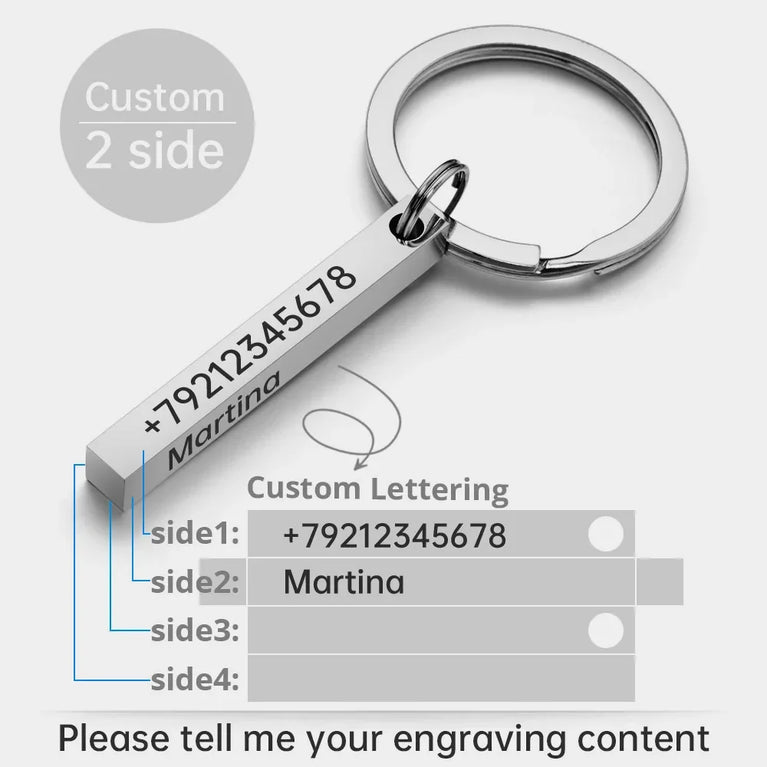 3D Bar Stainless Steel Personalized Keychain | Custom Engraved 4-Side Keyring