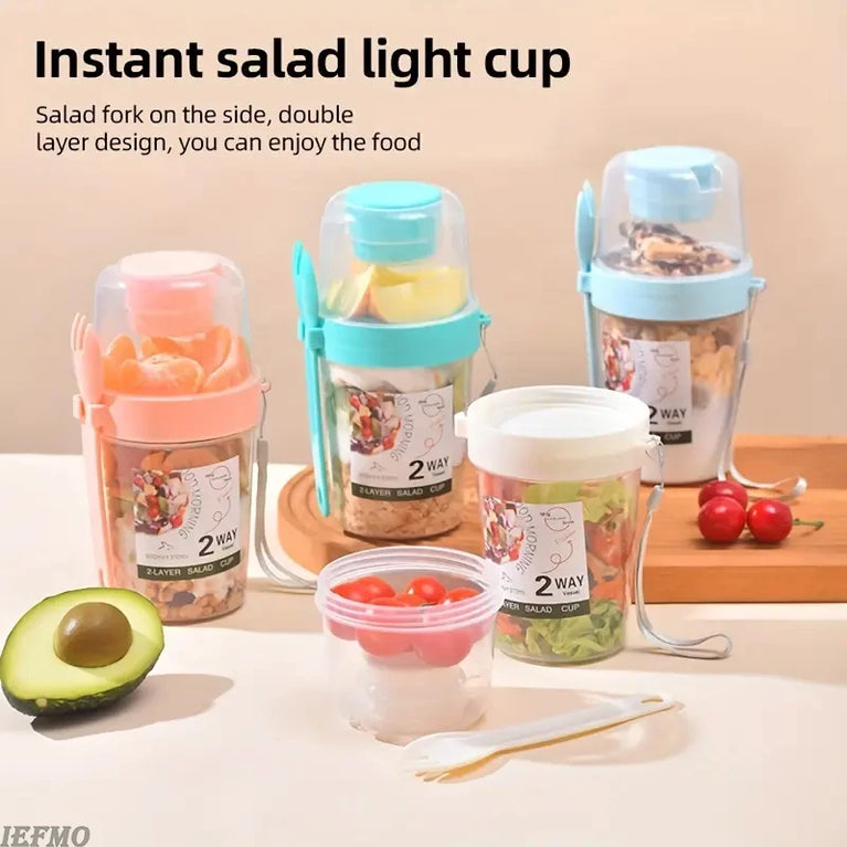 Portable Breakfast Salad Cup Oatmeal Fruit Vegetable Container with Fork Lid Leakproof Round PP Jar
