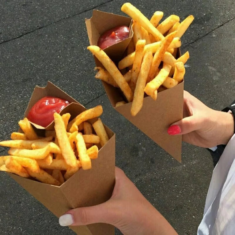 Disposable Paper French Fries Holder Cone Cups With Dip Pocket For Snacks Popcorn Onion Rings Party Serving Set