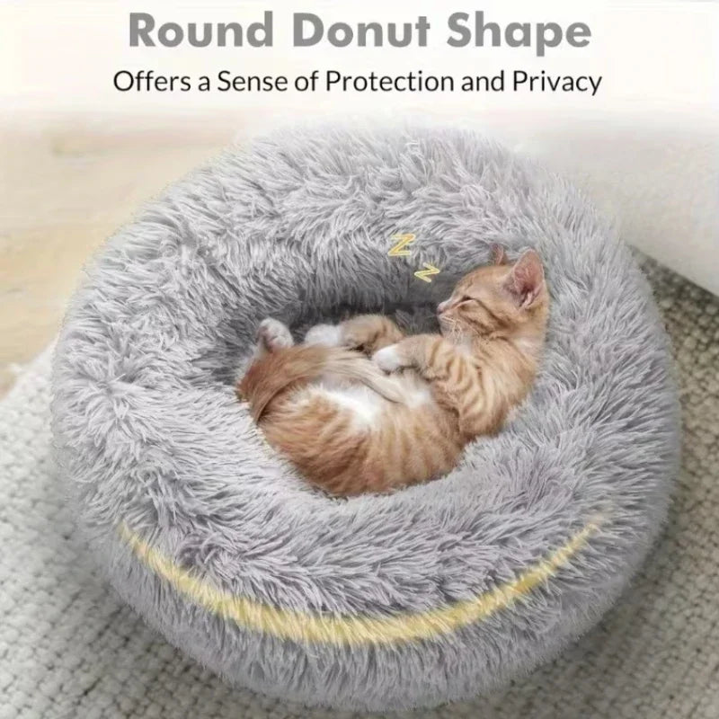 Round Plush Cat Bed Nest Soft Faux Fur Cozy Non-Slip Pet Bed