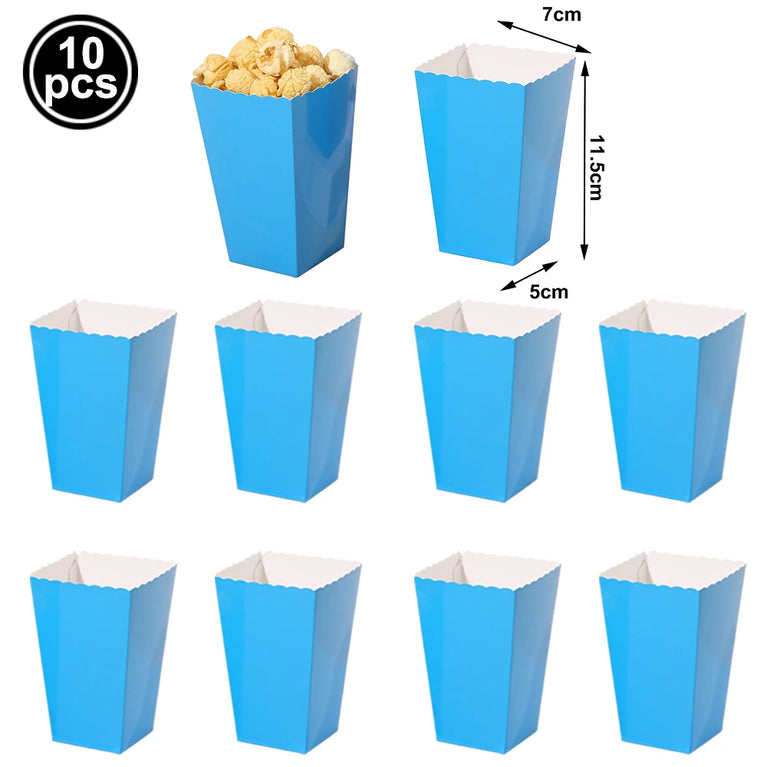 10Pcs Solid Color Popcorn Boxes Paper Food Trays Gift Bags With Handles Party Supplies Set