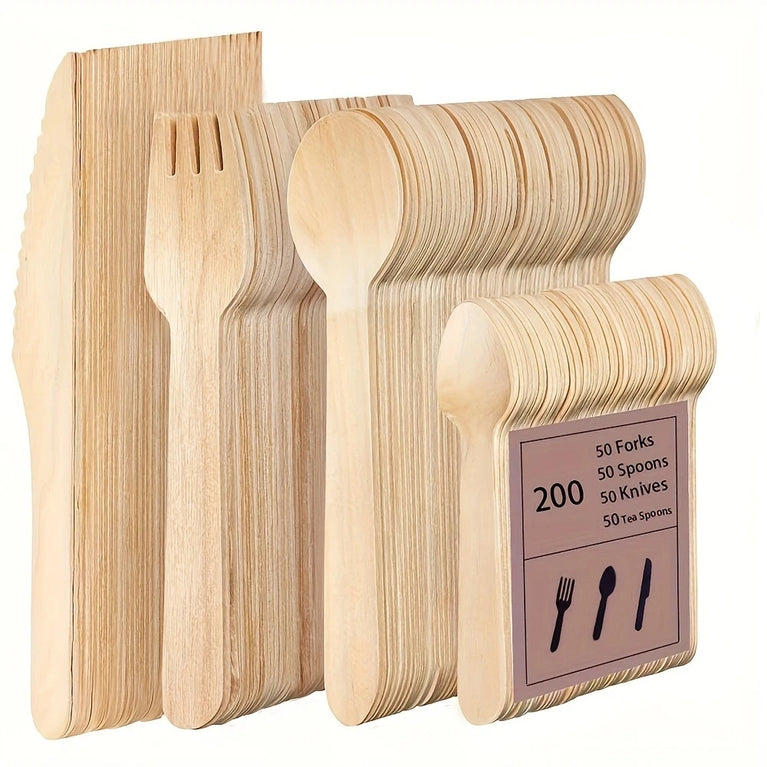 200 Pcs Disposable Wooden Tableware Set with Forks Spoons & Teaspoons