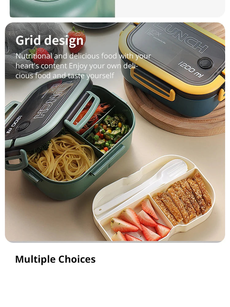 Double Layer Microwave Lunch Box Portable Plastic Food Container with Fork and Spoon Set