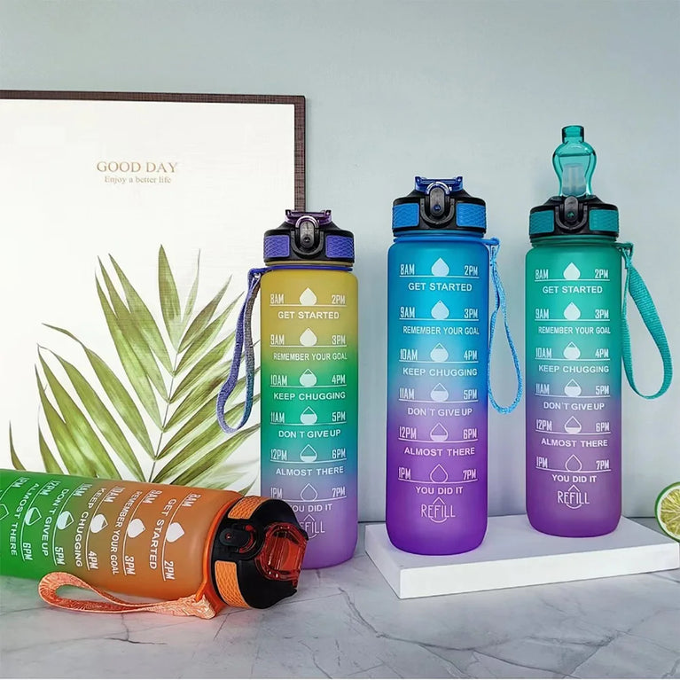 1L Motivational Gradient Sports Waterbottle Straw Leakproof Gym Bottle