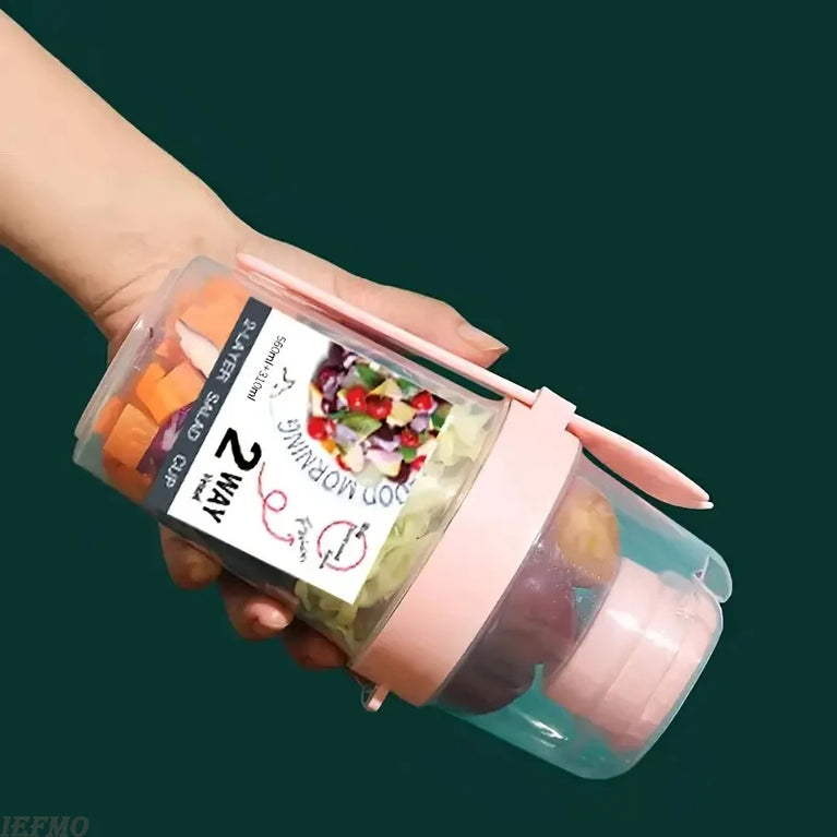 Portable Breakfast Salad Cup Oatmeal Fruit Vegetable Container with Fork Lid Leakproof Round PP Jar