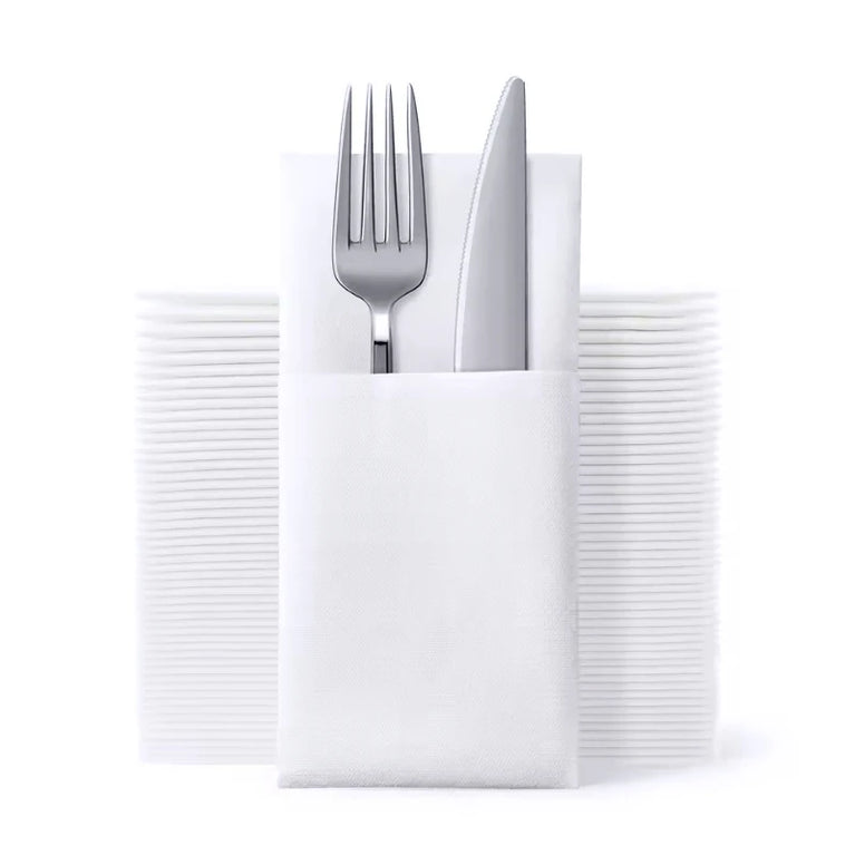 White Flatware Pocket Napkins | Disposable Knife & Fork Pad Party Supplies