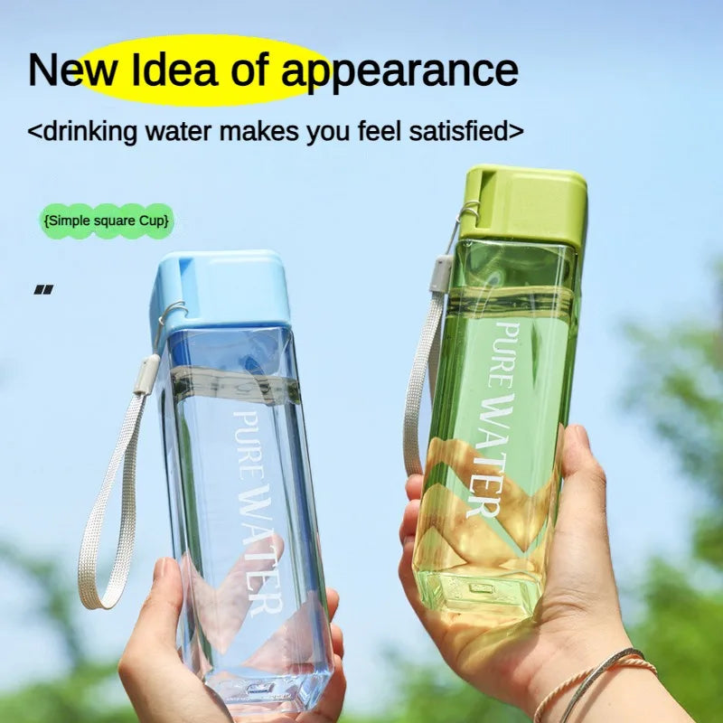 500ML Clear Square Portable Plastic Water Bottle With Rope Carry Design