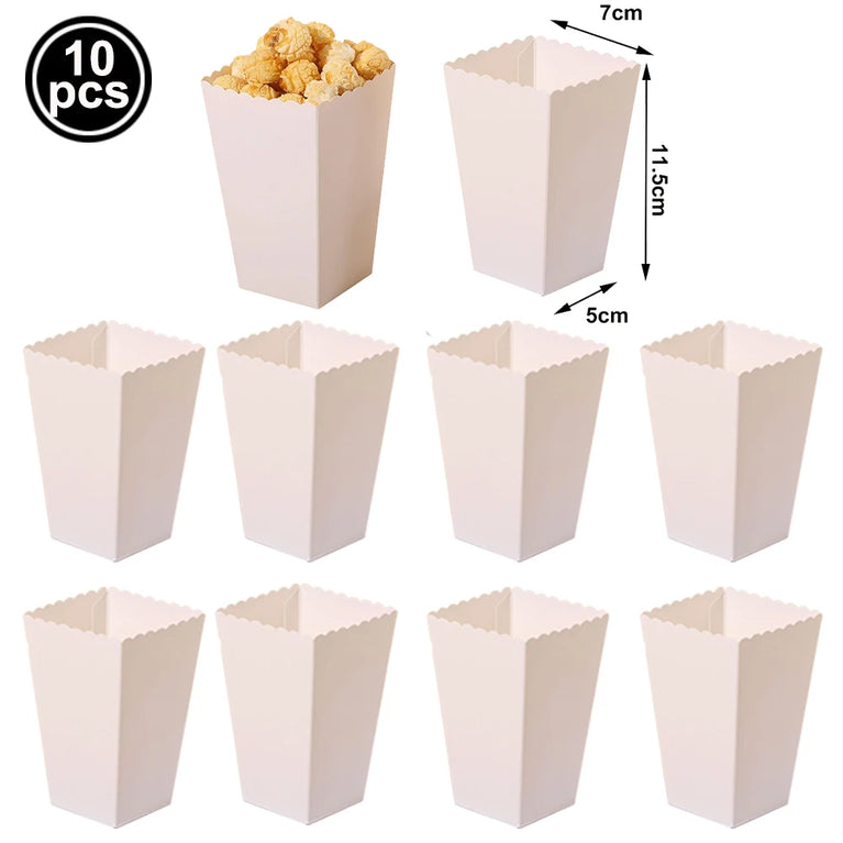 10Pcs Solid Color Popcorn Boxes Paper Food Trays Gift Bags With Handles Party Supplies Set