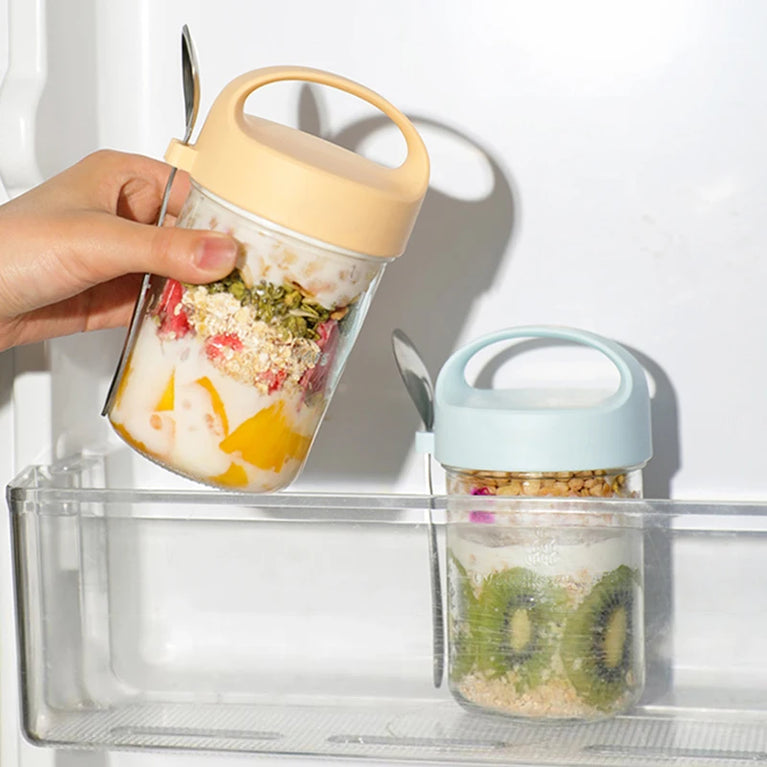 Glass Yogurt Breakfast Cup With Lid Spoon Overnight Oats Container Jar