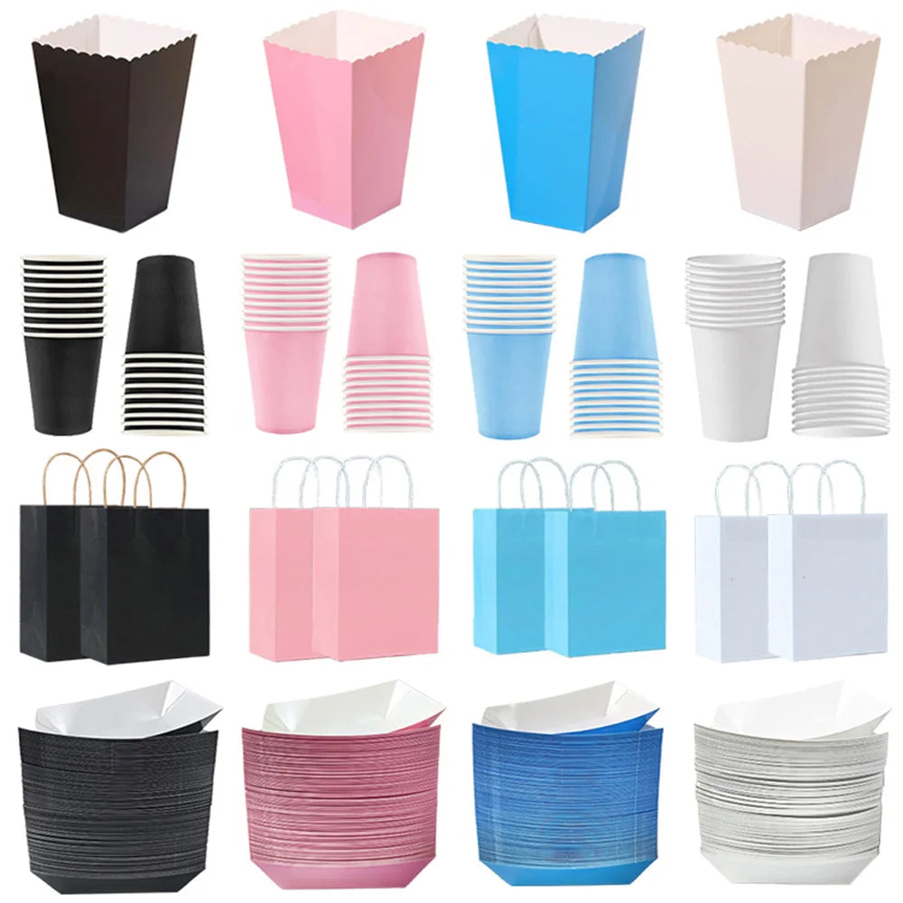 10Pcs Solid Color Popcorn Boxes Paper Food Trays Gift Bags With Handles Party Supplies Set