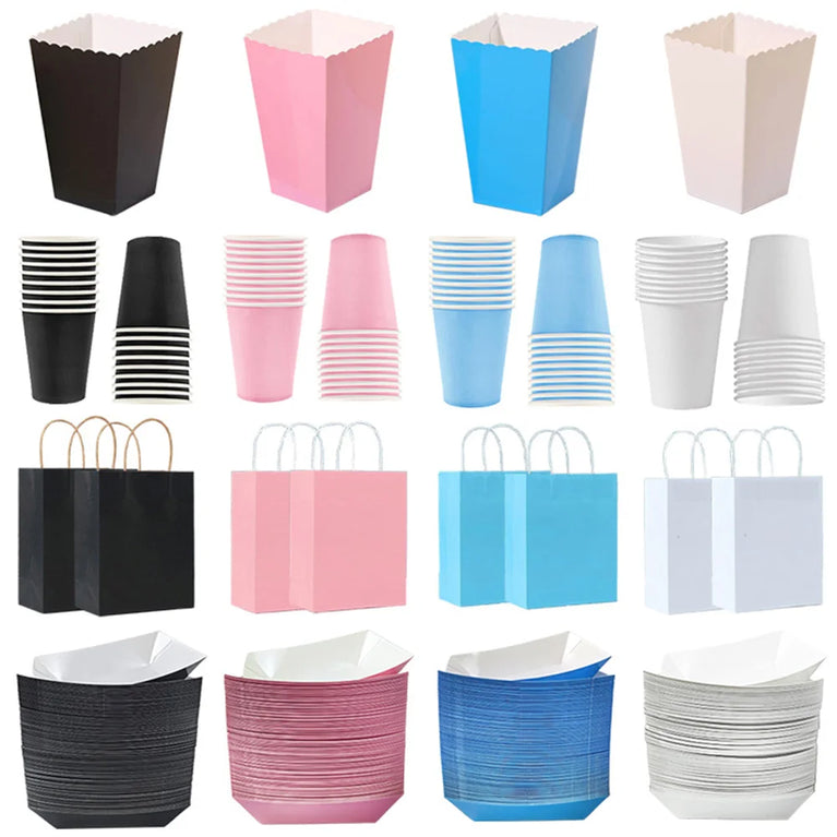 10Pcs Solid Color Popcorn Boxes Paper Food Trays Gift Bags With Handles Party Supplies Set