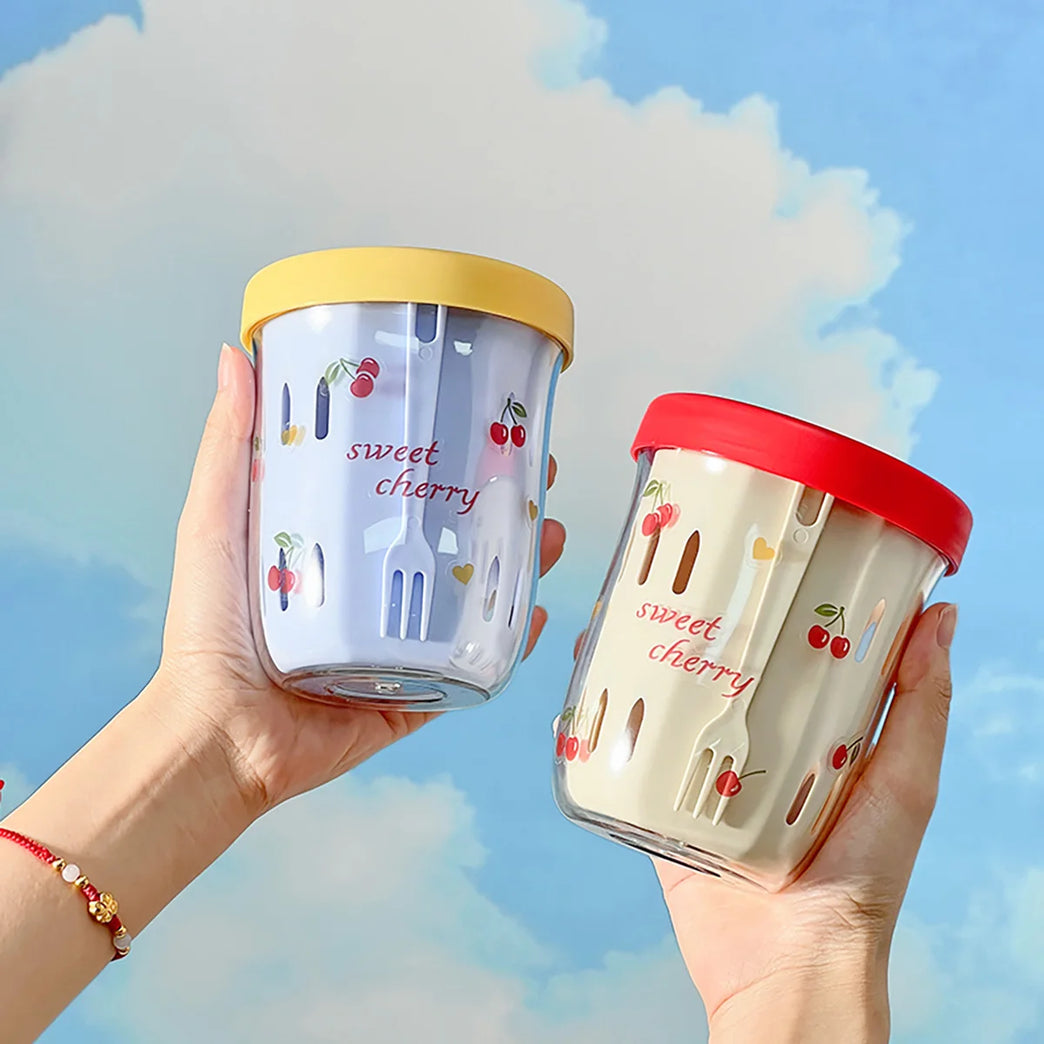 Double Wall Salad Cup Portable Leakproof Oat Breakfast Container Fork Handle
