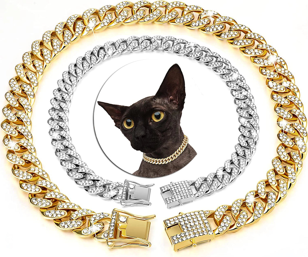 Luxury Cuban Link Cat Necklace Jewelry Rhinestone Collar Gold Chain Kitten