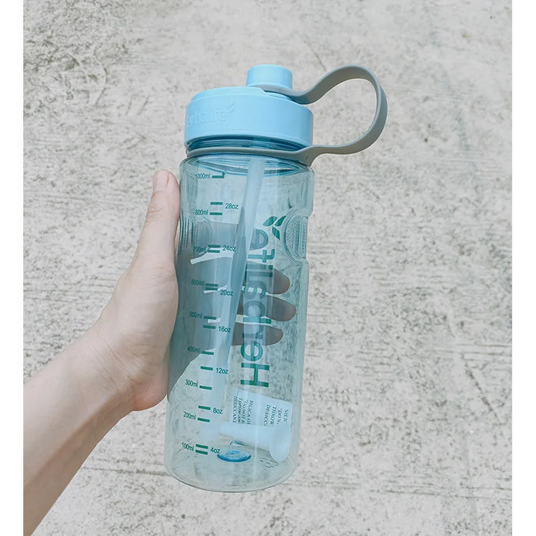 1000ml Transparent Straw Strap Bounce Button Sports Water Bottle 1L Leakproof Handgrip Gym Hydration Bottle