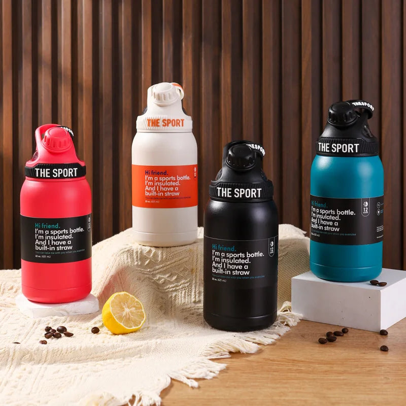 600ml Stainless Steel Vacuum Insulated Sports Water Bottle Straw Travel Thermos Flask